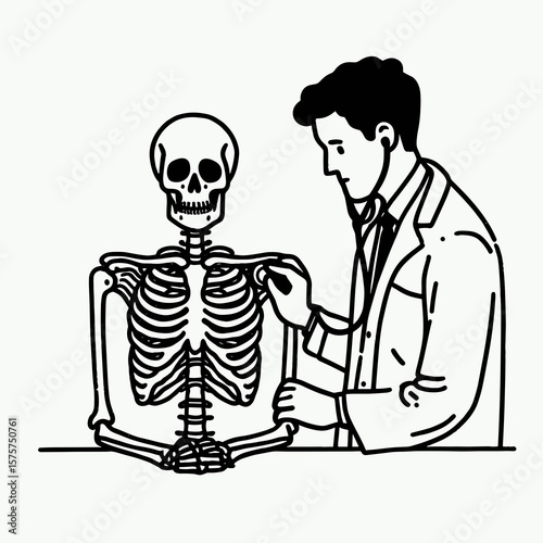 A Skeleton as Doctor examining patient with concern. Career Job Profession Occupation Employment Work Clipart Line Art Vector Illustration. Bony medic doing checkup on ill person worry.