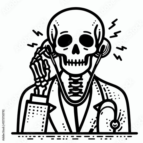 A Skeleton as Doctor listening with empathy. Career Job Profession Occupation Employment Work Clipart Line Art Vector Illustration. Bony healer giving kind attention during medical care.
