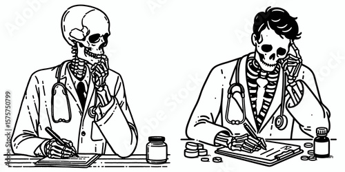 A Skeleton as Doctor writing prescription thoughtfully. Career Job Profession Occupation Employment Work Clipart Line Art Vector Illustration. Bone figure medic composing cure order.