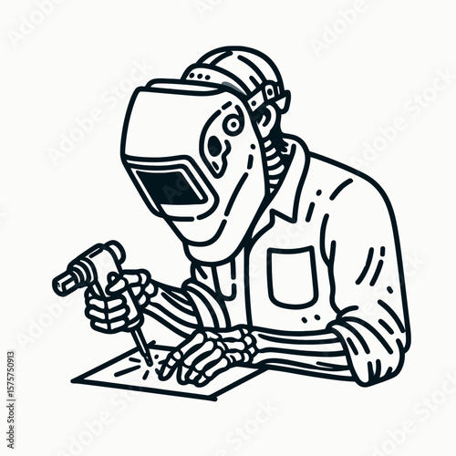 A Skeleton as Engineer welding with protective posture. Career Job Profession Occupation Employment Work Clipart Line Art Vector Illustration. Bone framework like worker building safeguard.