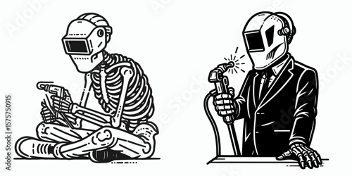 A Skeleton as Engineer welding with protective posture. Career Job Profession Occupation Employment Work Clipart Line Art Vector Illustration. Skeletal constructor doing fabrication task.
