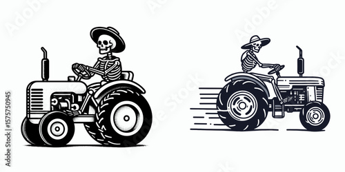 A Skeleton as Farmer driving tractor skillfully. Career Job Profession Occupation Employment Work Clipart Line Art Vector Illustration. Bony rancher operating farm vehicle adeptly harvest.