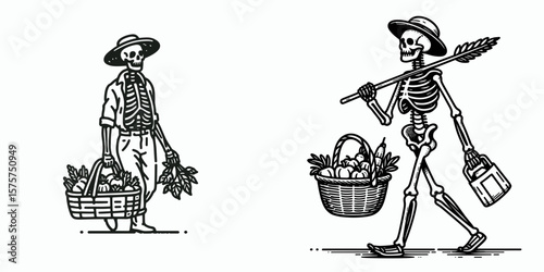 A Skeleton as Farmer carrying basket of produce. Career Job Profession Occupation Employment Work Clipart Line Art Vector Illustration. Bony figure agriculture worker hauling harvest.