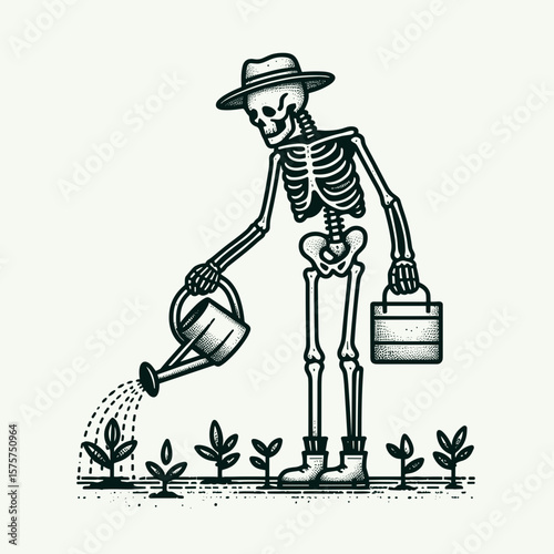 A Skeleton as Farmer watering plants diligently. Career Job Profession Occupation Employment Work Clipart Line Art Vector Illustration. Bony farmhand giving water to growth carefully human.