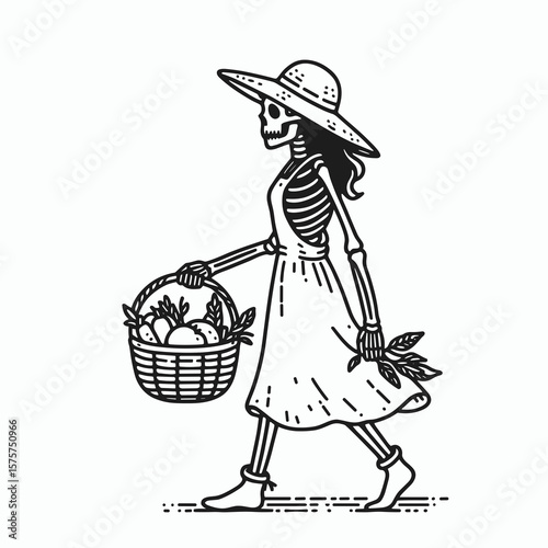 A Skeleton as Farmer carrying basket of produce. Career Job Profession Occupation Employment Work Clipart Line Art Vector Illustration. Bony figure worker hauling harvest in container field.
