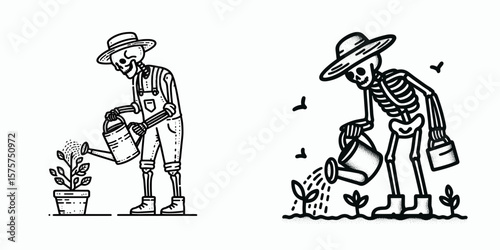 A Skeleton as Farmer watering plants diligently. Career Job Profession Occupation Employment Work Clipart Line Art Vector Illustration. Bony farmhand garden worker giving water.