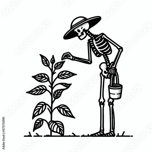A Skeleton as Farmer inspecting plant leaves carefully. Career Job Profession Occupation Employment Work Clipart Line Art Vector Illustration. Bony harvester checking foliage health closely.