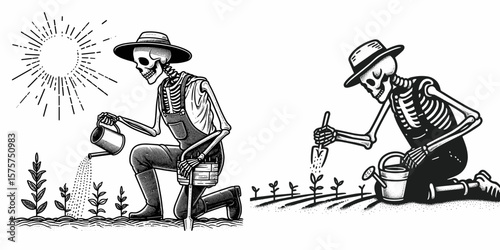 A Skeleton as Farmer planting seeds with hope. Career Job Profession Occupation Employment Work Clipart Line Art Vector Illustration. Bony harvester putting grain in soil desiring future.