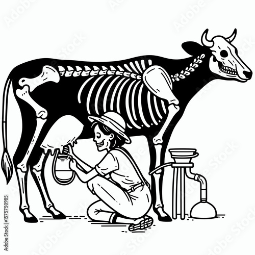 A Skeleton as Farmer milking cow patiently. Career Job Profession Occupation Employment Work Clipart Line Art Vector Illustration. Bony figure agricultural worker getting liquid from farm.