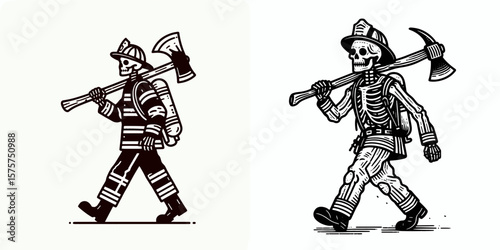 A Skeleton as Firefighter carrying axe determinedly. Career Job Profession Occupation Employment Work Clipart Line Art Vector Illustration. Bony figure fire rescuer holding hatchet.