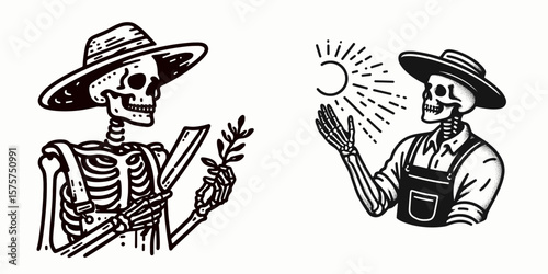A Skeleton as Farmer wearing hat shielding sun. Career Job Profession Occupation Employment Work Clipart Line Art Vector Illustration. Bony farmhand in headgear blocking sunlight.