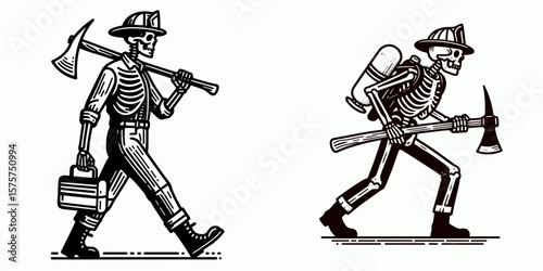 A Skeleton as Firefighter carrying axe determinedly. Career Job Profession Occupation Employment Work Clipart Line Art Vector Illustration. Bony rescuer with tool battling blaze resolve.