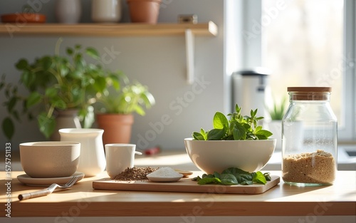 Wallpaper Mural Zero-Waste Lifestyle:Eco-Friendly Kitchen Essentials on Wooden Table. High quality Torontodigital.ca
