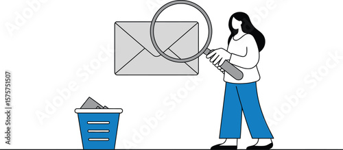 Email search spam filter concept illustration with magnifying glass and trash bin for cleaning inbox