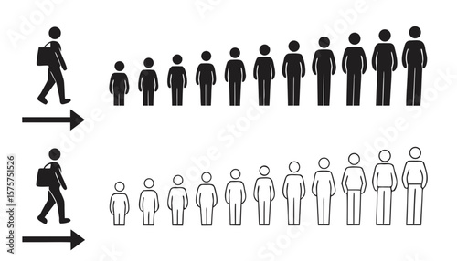 Two rows of stick figures showing growth and progression isolated on white background