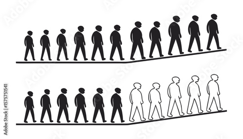 Two rows of people walking up an incline isolated on white background