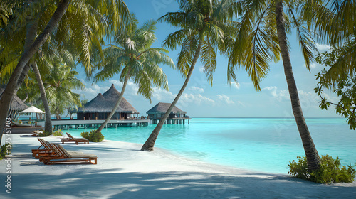 Experience serenity on a tropical beach with palm trees and turquoise waters  perfect for relaxation and dreaming of a luxury vacation.