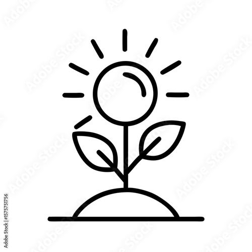 Line art of a flower with sun rays shining over it  