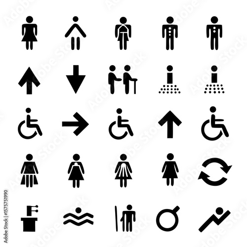 Universal Restroom, Accessibility & Navigation Pictograms – Clean Black Icon Set for ADA Compliance, Wayfinding Systems, Public Signage, and Inclusive Design