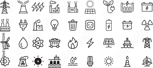 Collection of clean and modern energy icons representing various power sources and technologies for sustainability concepts