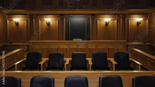 Empty jury box in courtroom awaiting trial proceedings