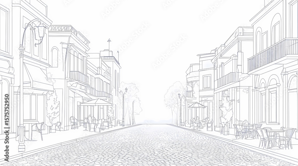 Outline drawing of a European-style street scene with cafes. Outline drawing of a European-style street scene with cafes.