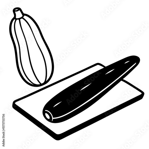 A single zucchini lying on an old wooden chopping board, with a vintage knife beside it, warm directional light coming from a nearby window, cozy farmhouse atmosphere.

