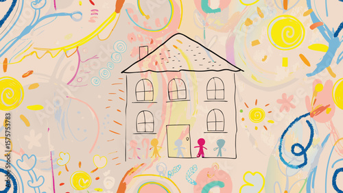 Childlike drawing of a house with stick figures surrounded by colorful scribbles and suns art