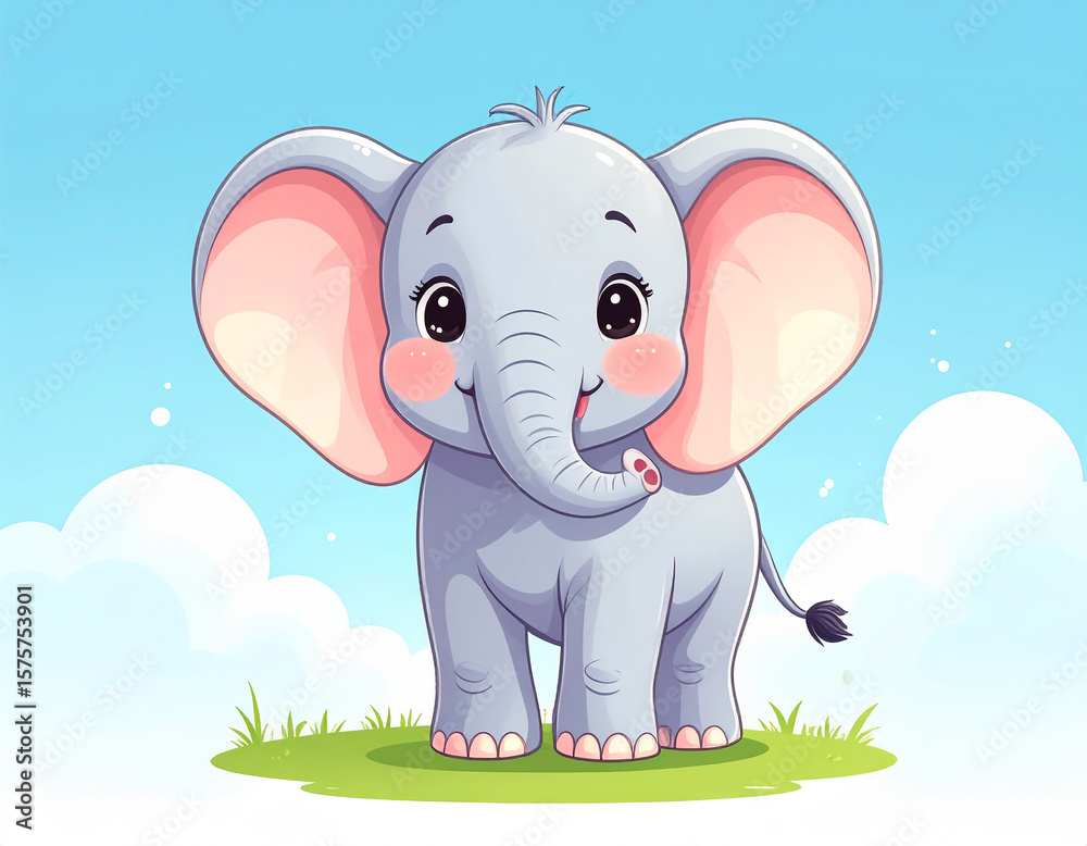 Fototapeta premium Cute Cartoon Elephant with Big Eyes and Floppy Ears Standing on Grass – Friendly Expression, Soft Pastel Colors, Playful Character, Perfect for Kids, Education, and Animal-Themed Designs