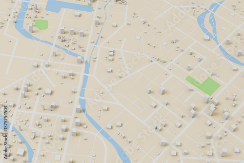 3D rendering city map illustration of a city map created using 3D modeling. Top view of Urban map with main road and sub road detailed representation of a city
