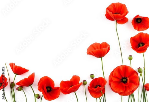 Vibrant red poppy flowers create a continuous horizontal border against a pure white background,  floral,  blossom