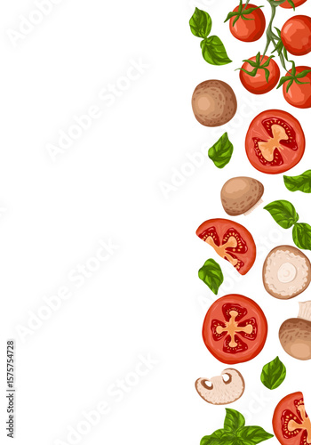 Tomatoes, basil leaves and mushrooms vertical frame. Vector hand drawn vegetable illustration for packaging design, food branding, product labels and culinary use