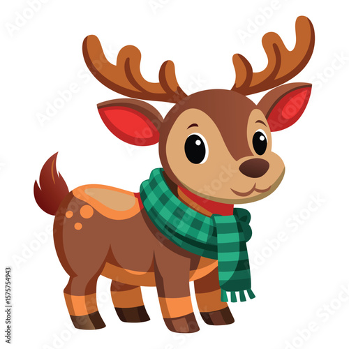 Cute cartoon reindeer wearing a green plaid scarf
