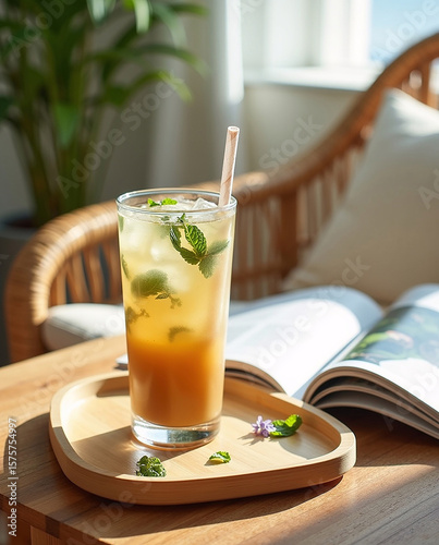 Chilled reishi and lion’s mane mushroom latte in clear glass with straw, captured in serene mindful setting