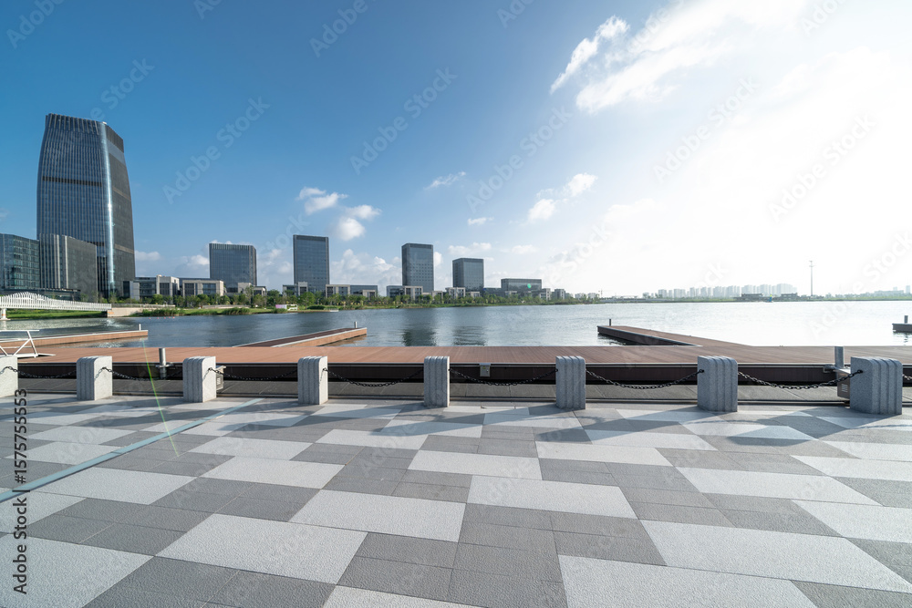 Fototapeta premium pier in lake with blue sky