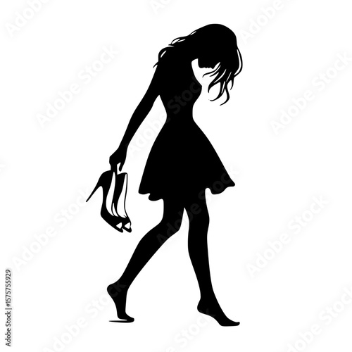 Woman walking barefoot icon, black silhouette, holding heels, downward gaze, minimal emotional clipart