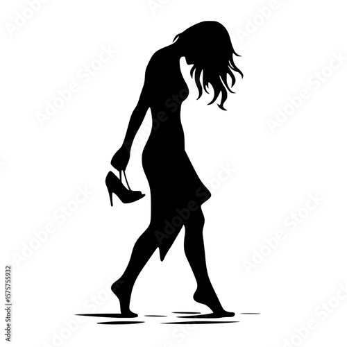 Woman walking barefoot icon, black silhouette, holding heels, downward gaze, minimal emotional clipart