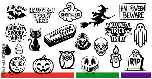 Set of Halloween icons and spooky symbols like pumpkin, ghost, witch, black cat and a coffin with typography
