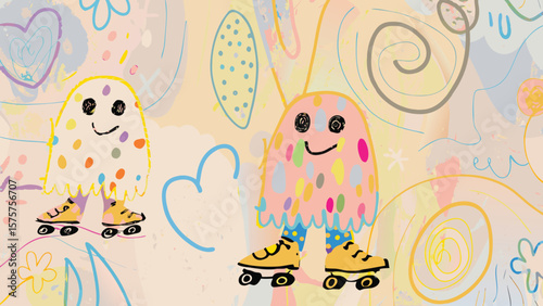Two colorful polka dot monsters on roller skates in a whimsical abstract background illustration