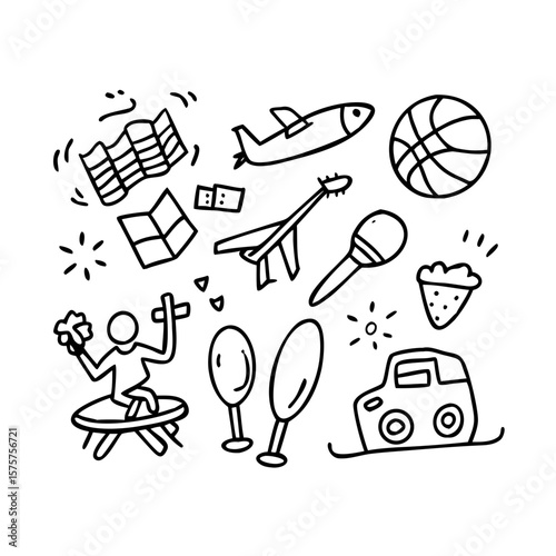 Doodles of Daily Delights: A whimsical collection of hand-drawn doodles, capturing a variety of interests and hobbies, arranged in a captivating visual narrative.