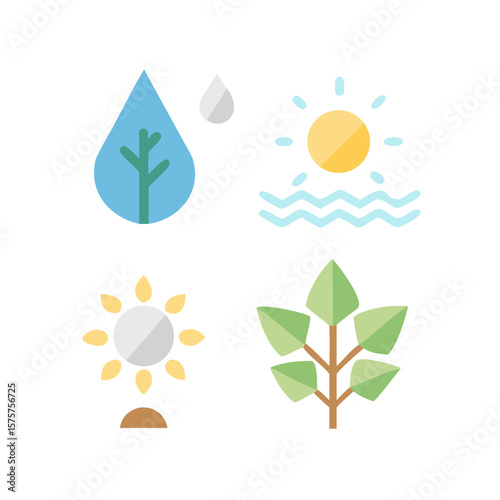 Nature's Elements: A collection of illustrated icons representing the vital elements, symbolizing the fundamental aspects of nature, water, sun, flower and leaf.
