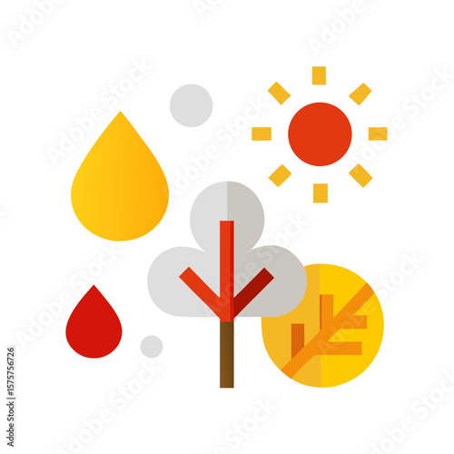 Seasonal transition graphic: Depicting a minimalist graphic design representing the diverse seasonal changes of a year. A vibrant sun, a shedding leaf, snowflakes.