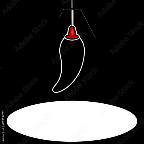 A single red chili pepper suspended in mid-air against a pitch-black background, illuminated by a narrow beam of light, floating effect, bold and dramatic food art.