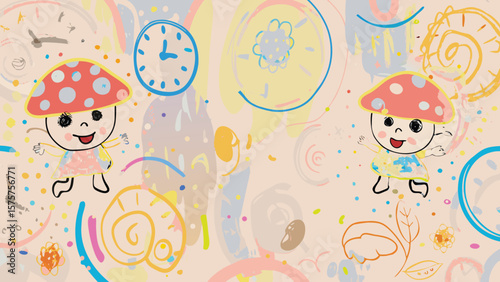 Two mushroom people with clocks and swirls in a colorful whimsical abstract background illustration style