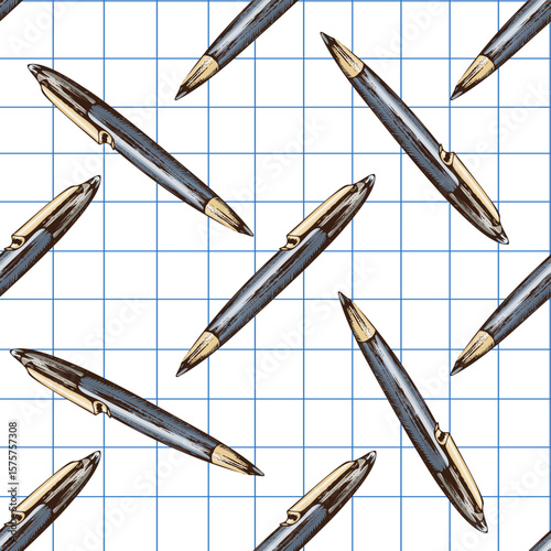 Hand drawn vintage seamless pattern of black ballpoint pens with golden clip on grid paper background