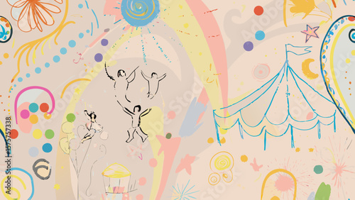 Colorful whimsical illustration with figures circus tent and abstract floral elements design