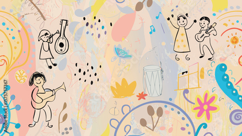 Illustration of musicians playing instruments with abstract shapes and colorful background art