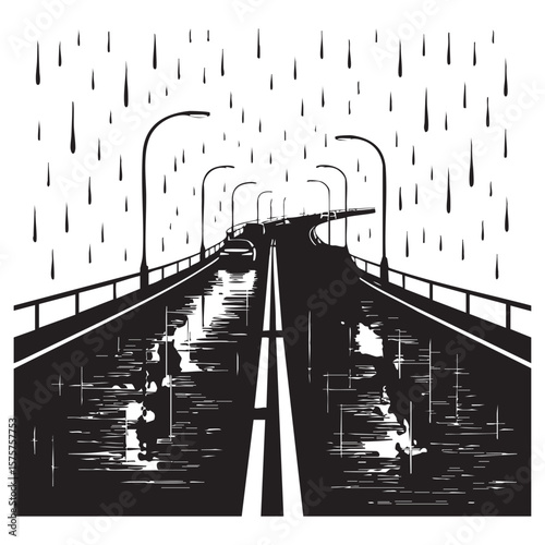 Stylized black and white illustration of a car driving on a wet road during a rainstorm at night
