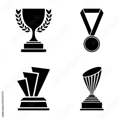Collection of black trophy and medal icons representing achievement and victory