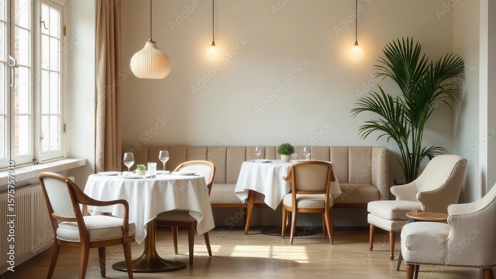 Fototapeta premium Sunlit Elegant Dining Room with Neutral Decor and Comfortable Seating